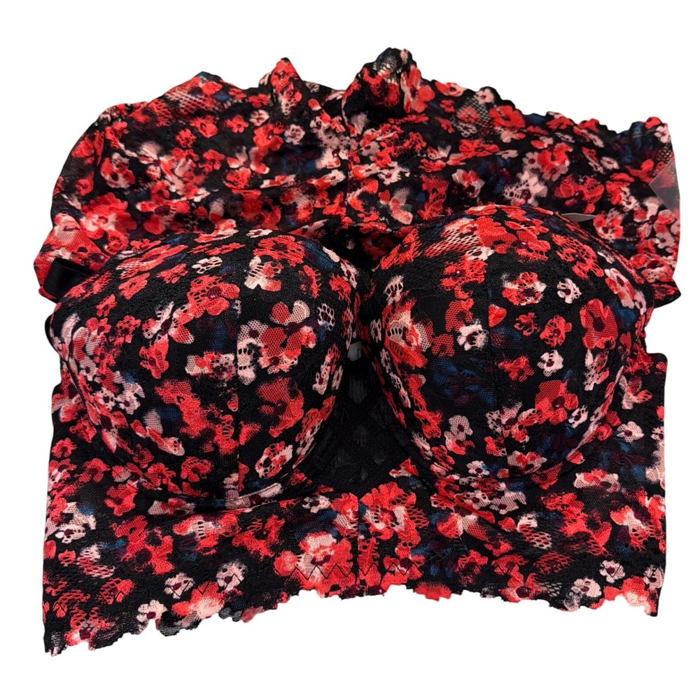 New Kisses Longline Bra Top Floral Lace Romantic Coquette Dark Floral Valentine